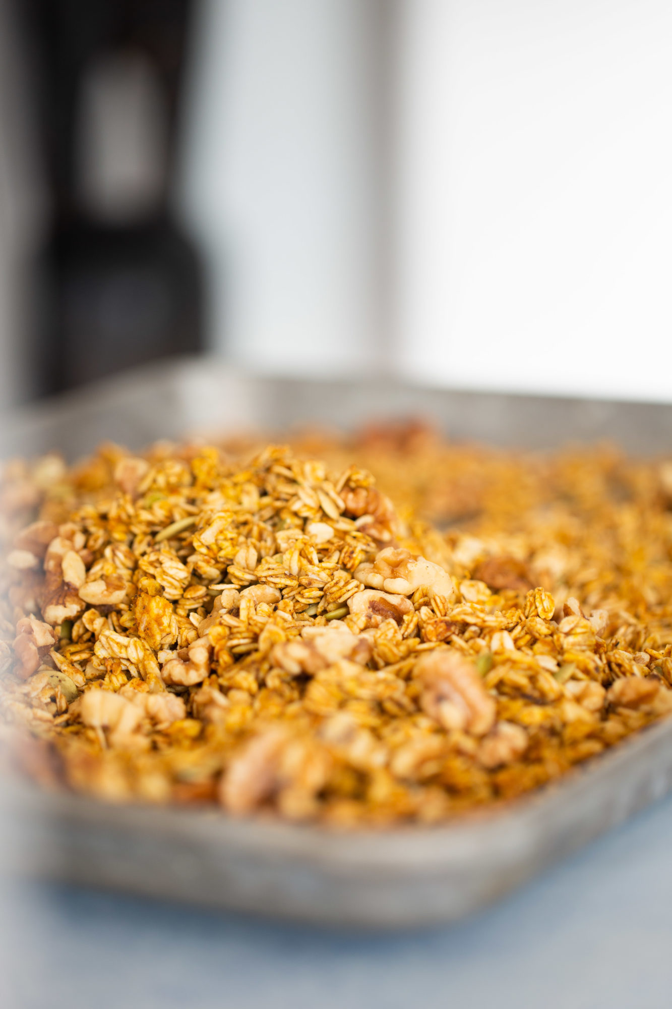 baked granola in a pan