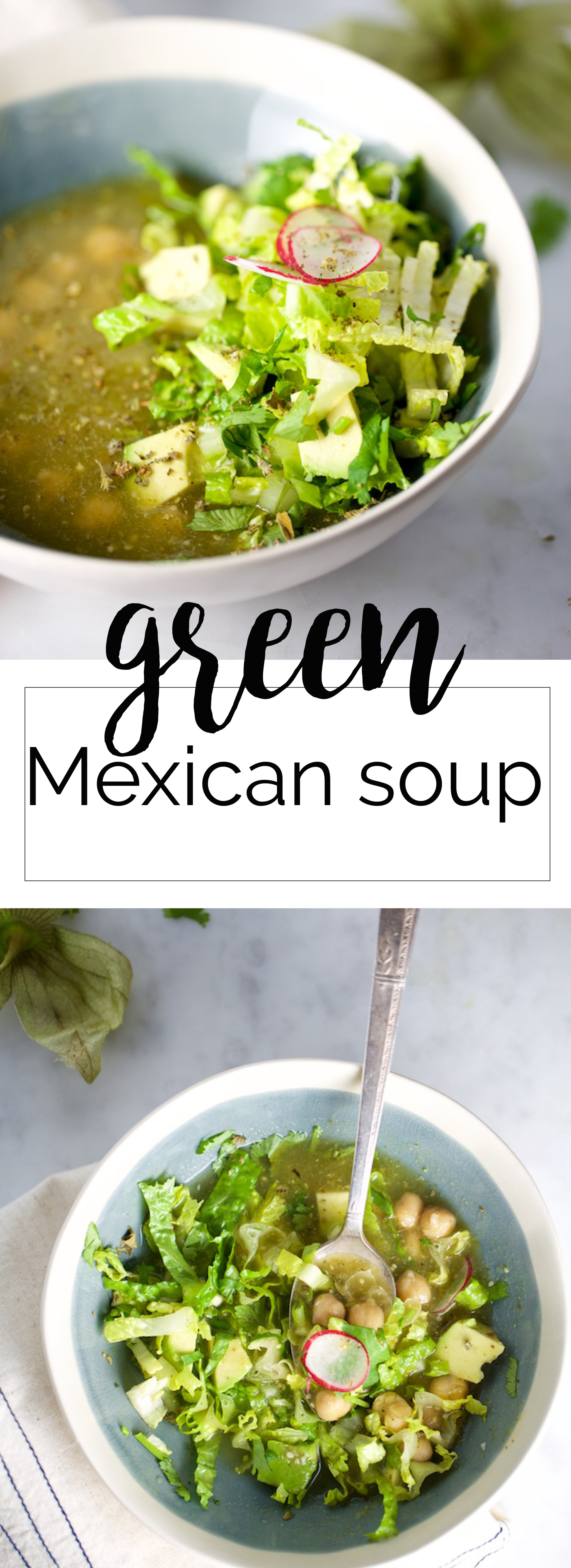 Green Mexican Soup with chickpeas, a great combination between green posole and salsa verde. It is easy, delicious and super fun to eat. This recipe is healthy, authentic Mexican food and vegan.