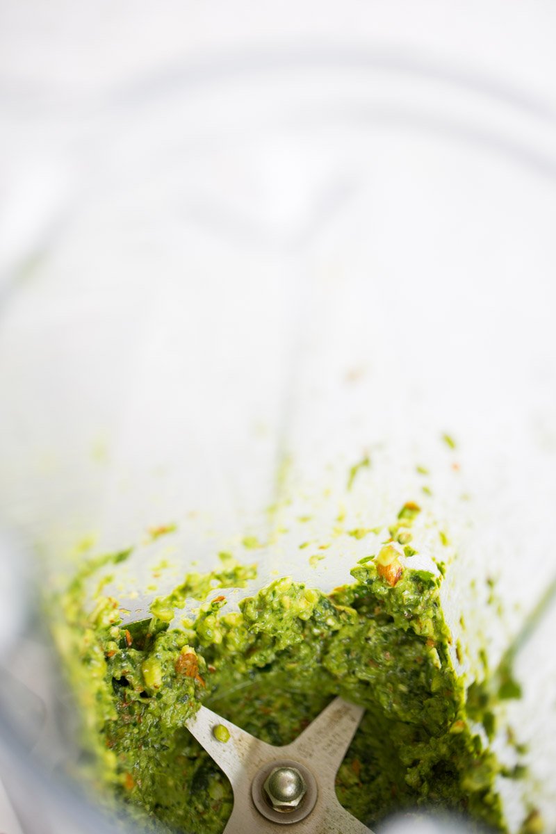 spicy almond pesto for green bean and potato salad in the blender