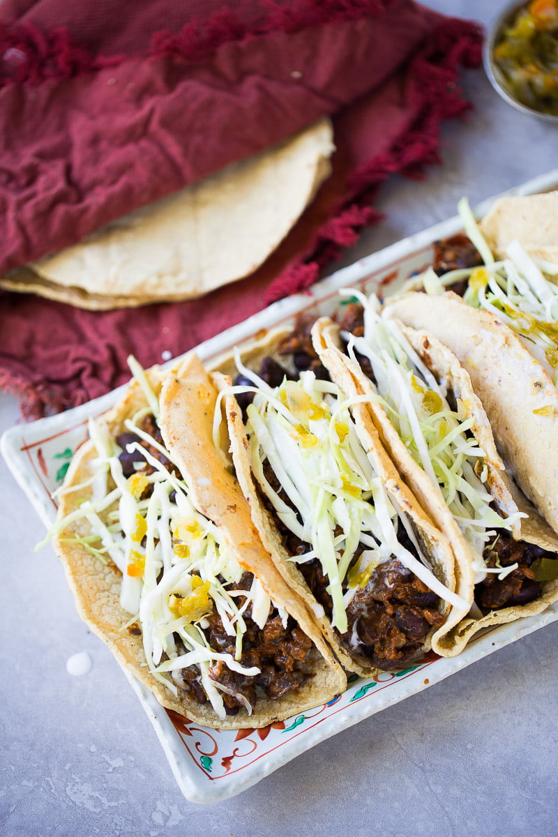 Vegan Mexican tacos recipe with corn tortillas and black beans with chorizo. The corn tortillas are from OneDegreeOrganics, and they are absolutely delicious.#ad