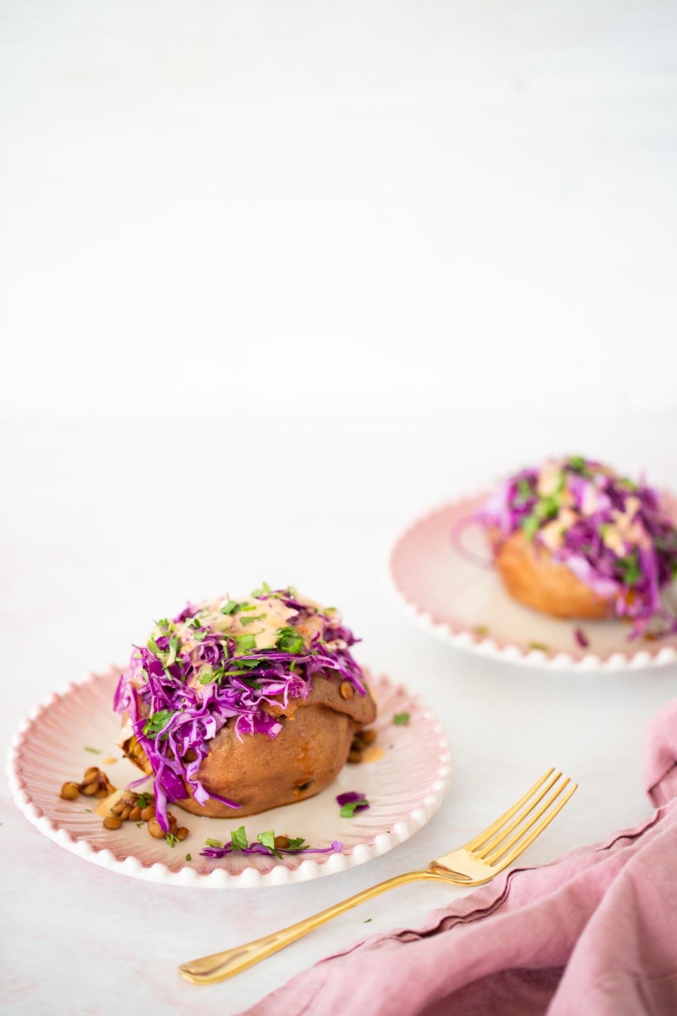 LOADED SWEET POTATOES WITH BBQ LENTILS AND SPICY SLAW
