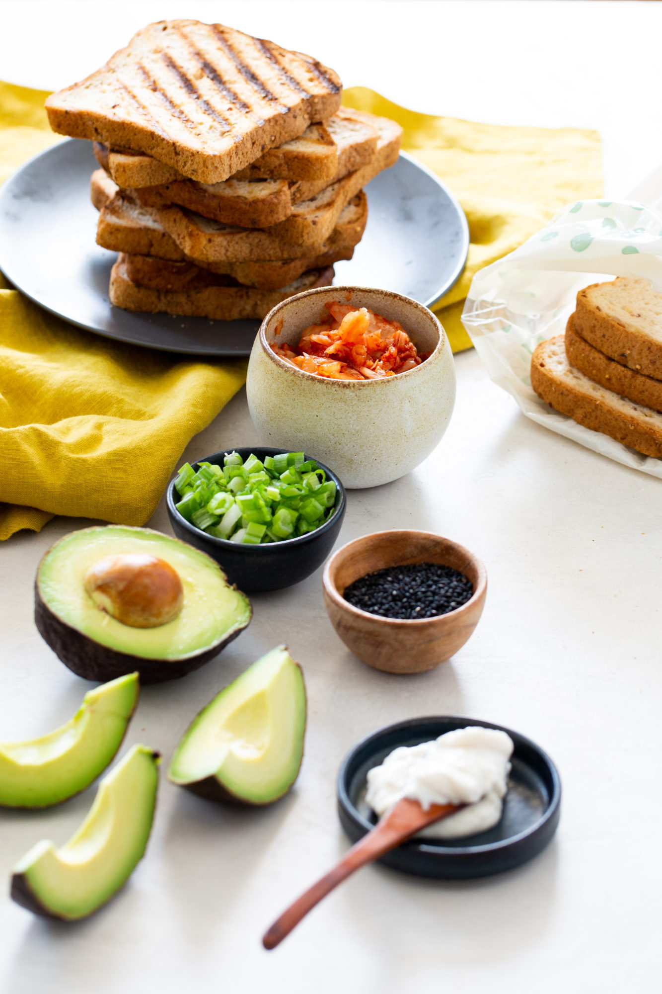 ingredients to prepare avocado kimchi toast