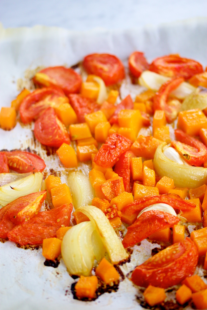 roasted tomatoes, butternut squash, and onions