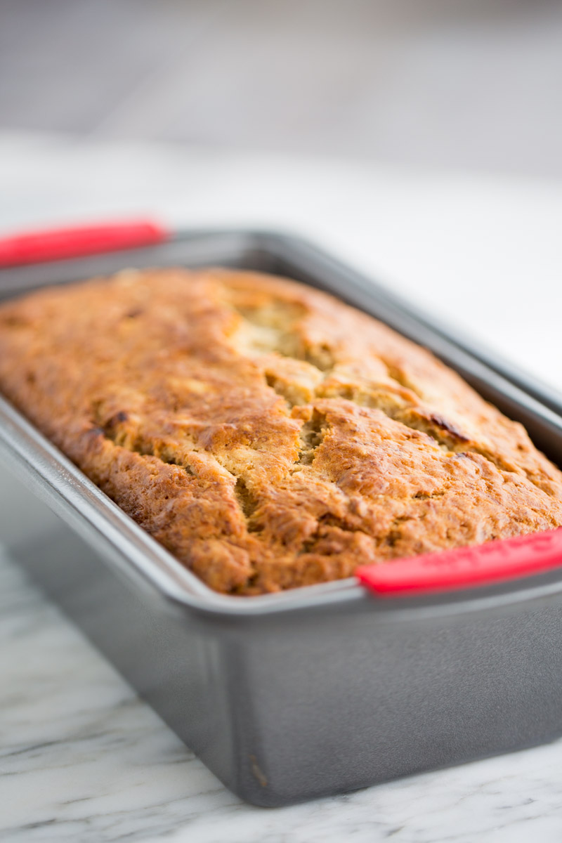 golden and delicious banana bread in the loaf pan