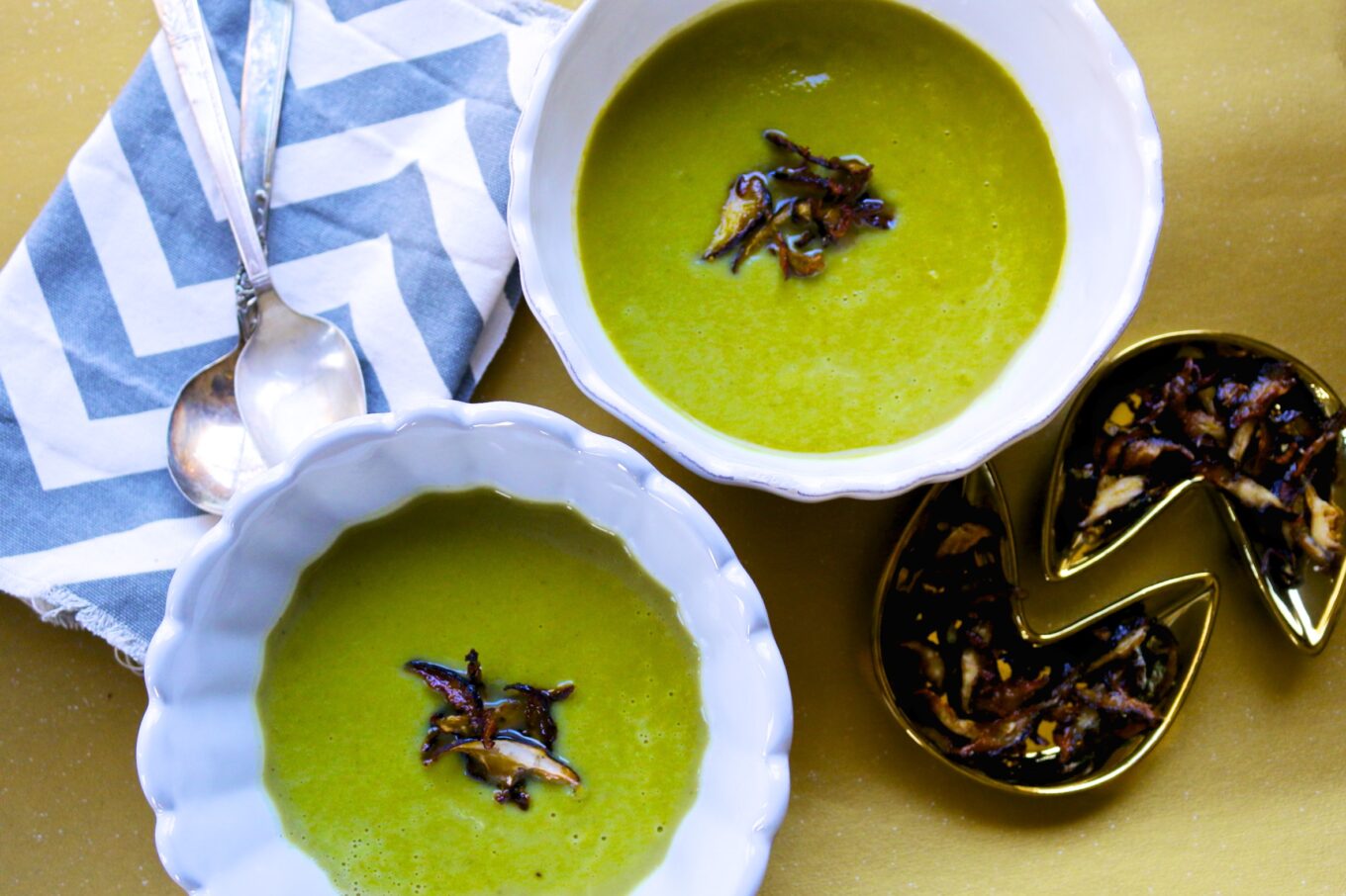 broccoli soup with SHIITAKE MUSHROOM CRISPS