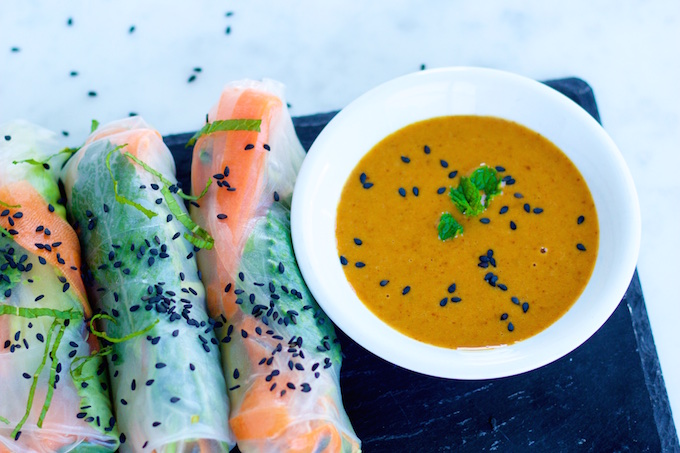 Fresh vegetable spring rolls with almond sauce
