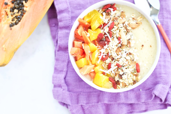 Tropical bowl with super foods for breakfast
