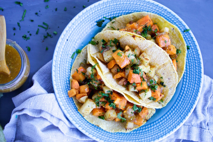 Uploaded ToSweet potato and potato tacos with smoky tomatillo and chipotle sauce