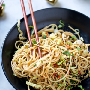 Quinoa noodles with almond butter sauce, much better than take-out dinner
