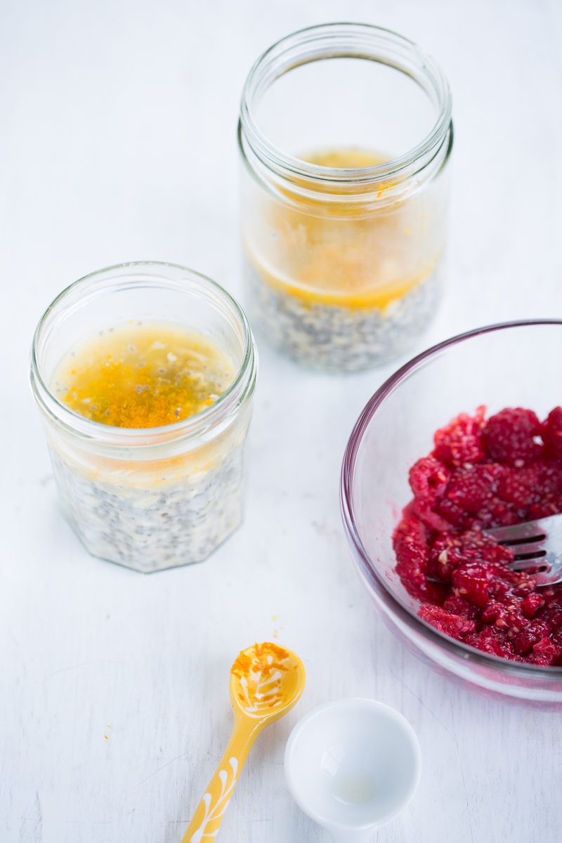 oats and chia seed with raspberries on the side.