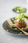 Healthy Mexican loaded sweet potatoes with lentils in salsa verde