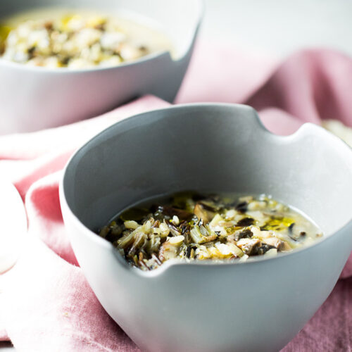 Winter soup with mushrooms, leeks and rice