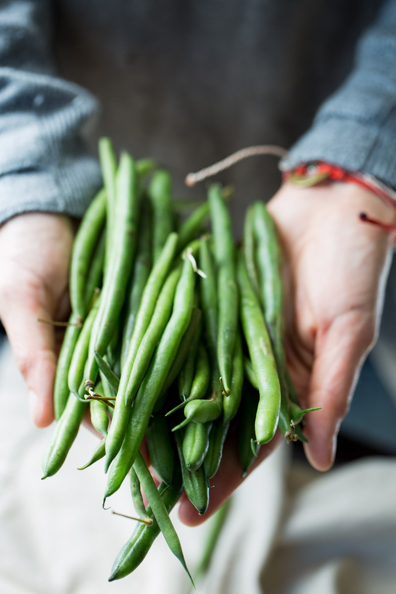 holding a bunch of green beans
