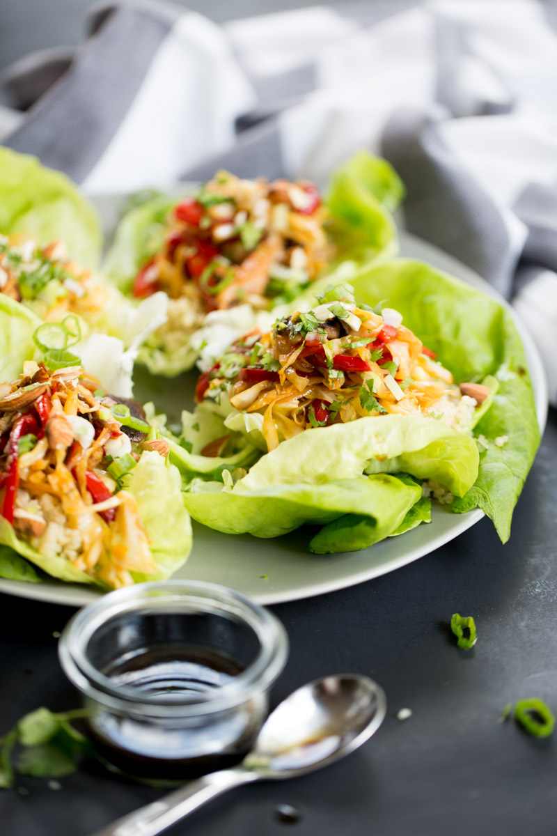 Asian inspired quinoa vegan lettuce wraps on a platter