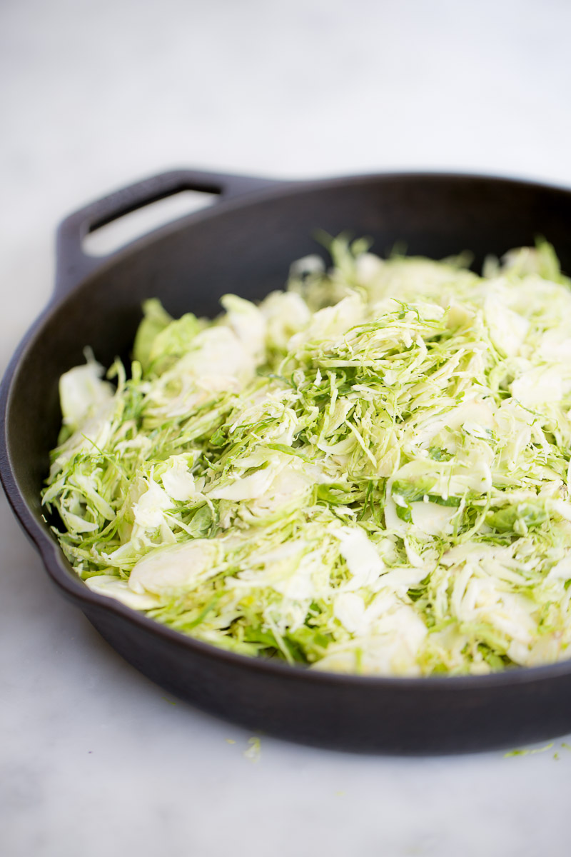 shredded brusell sprouts in a skillet