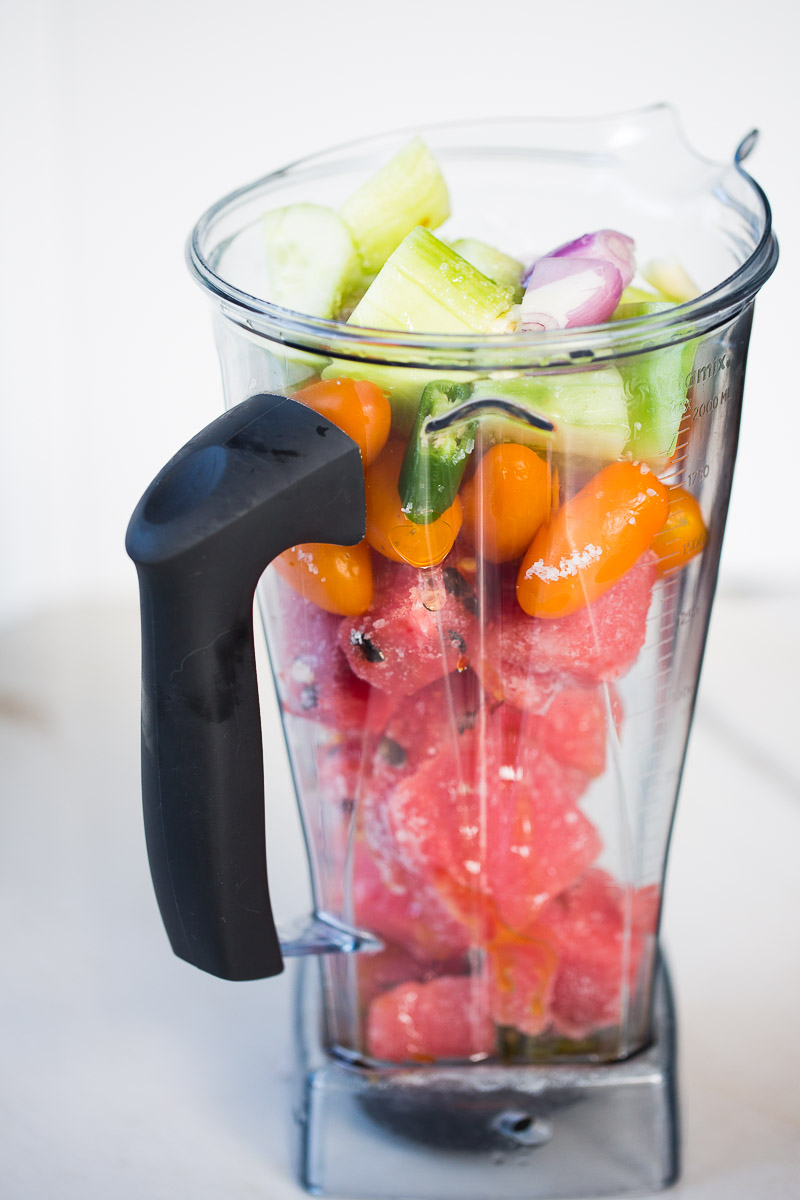 frozen watermelon, tomatoes and cucumber in the blender