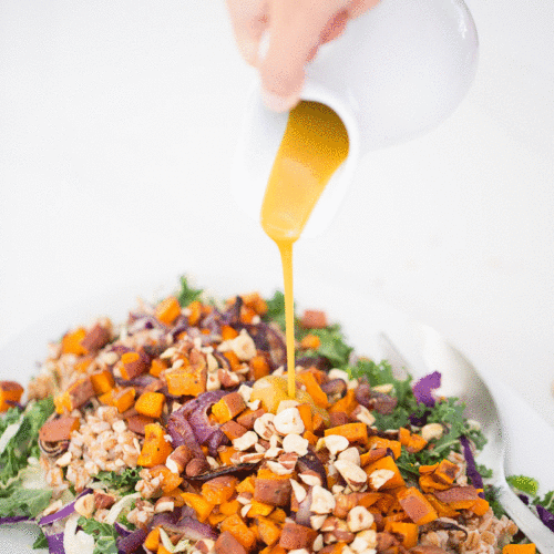 This autumn salad recipe with vegan honey-mustard dressing is easy, nutritious and perfect for this season. I'm obsessed with it!
