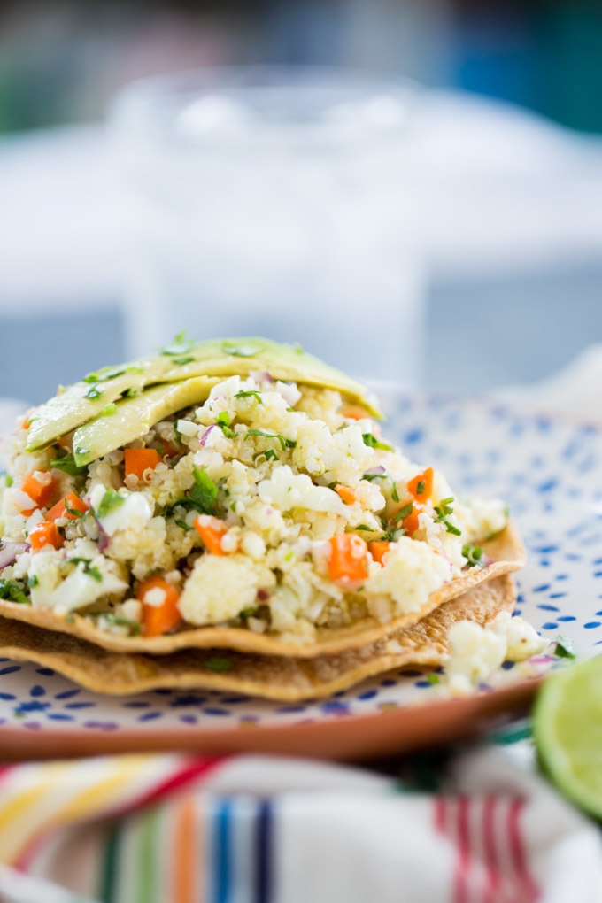 vegan ceviche made with cauliflower and quinoa served on a corn tostada