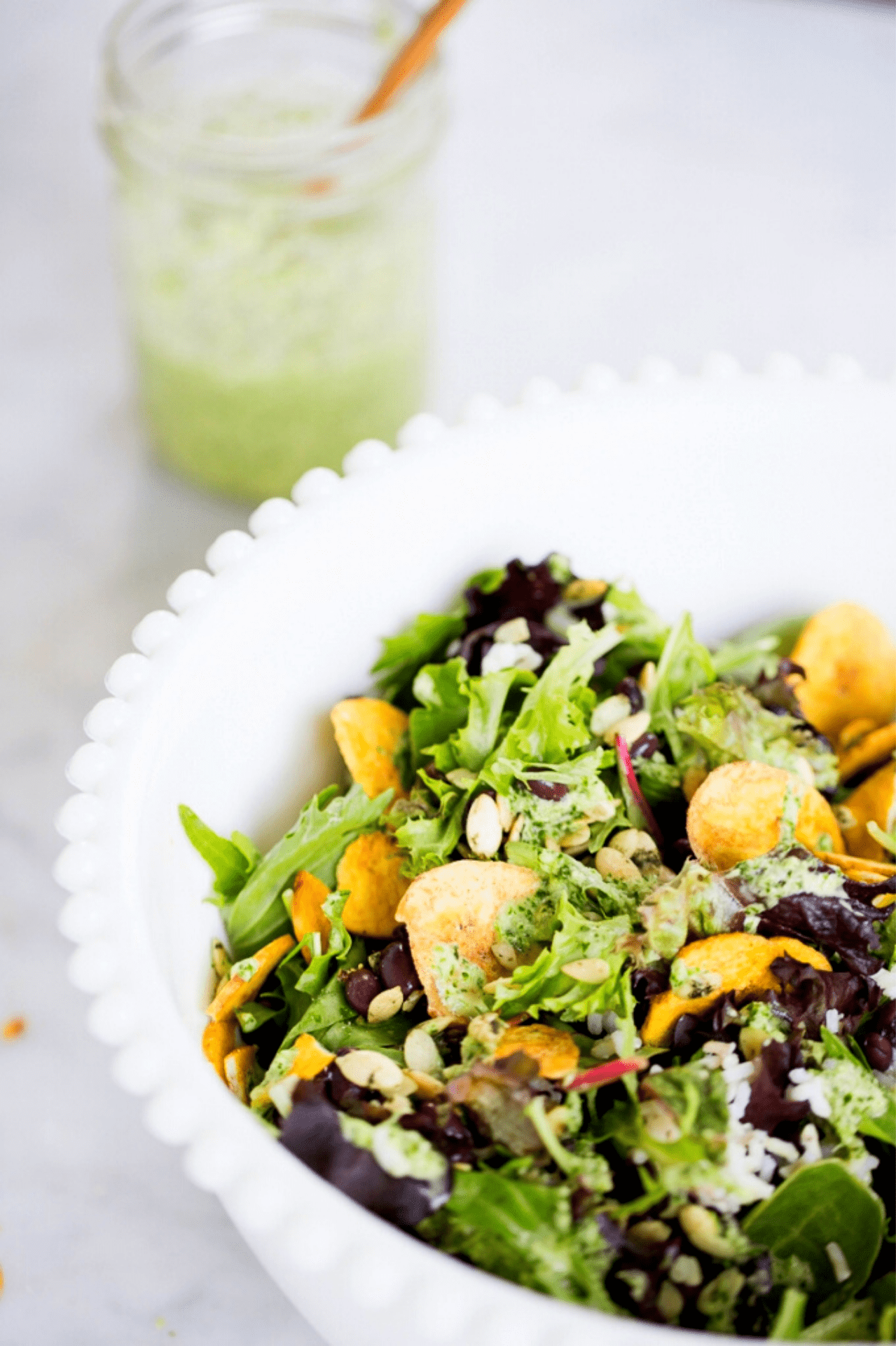 perfect salad with creamy vegan cilantro dressing