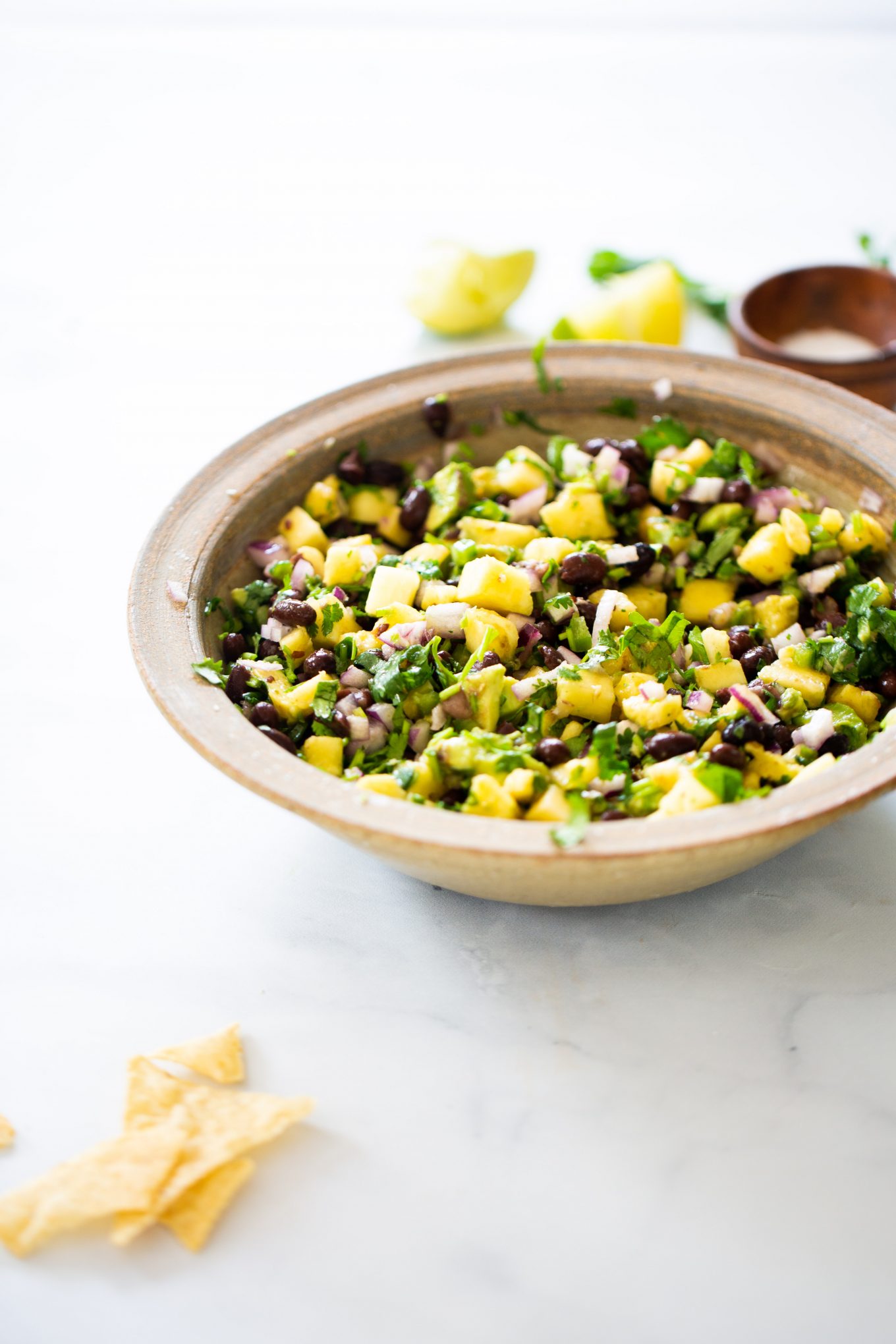 Pineapple salsa with black beans, and avocado