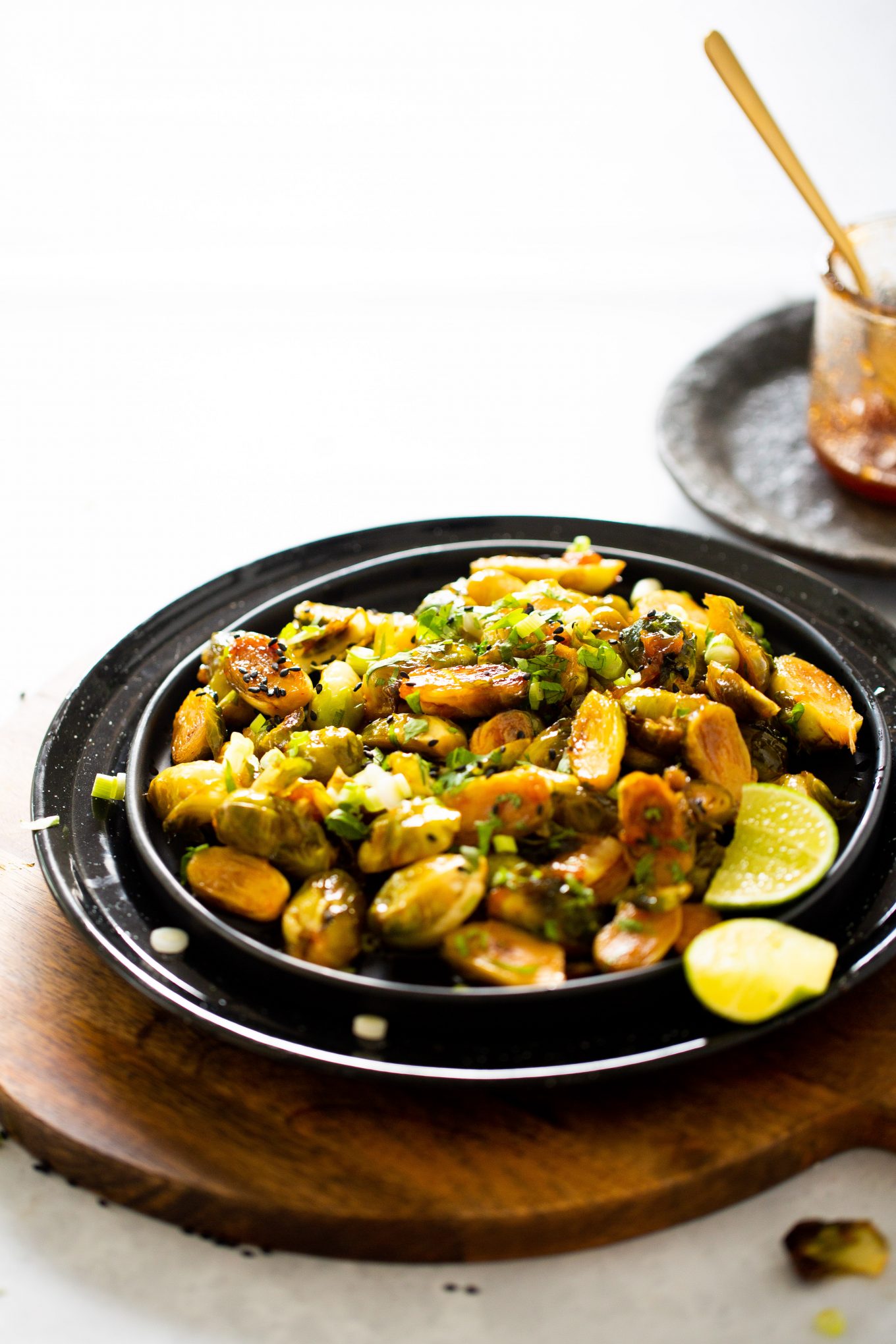 Raosted brussel sprouts with sweet and spicy sauce