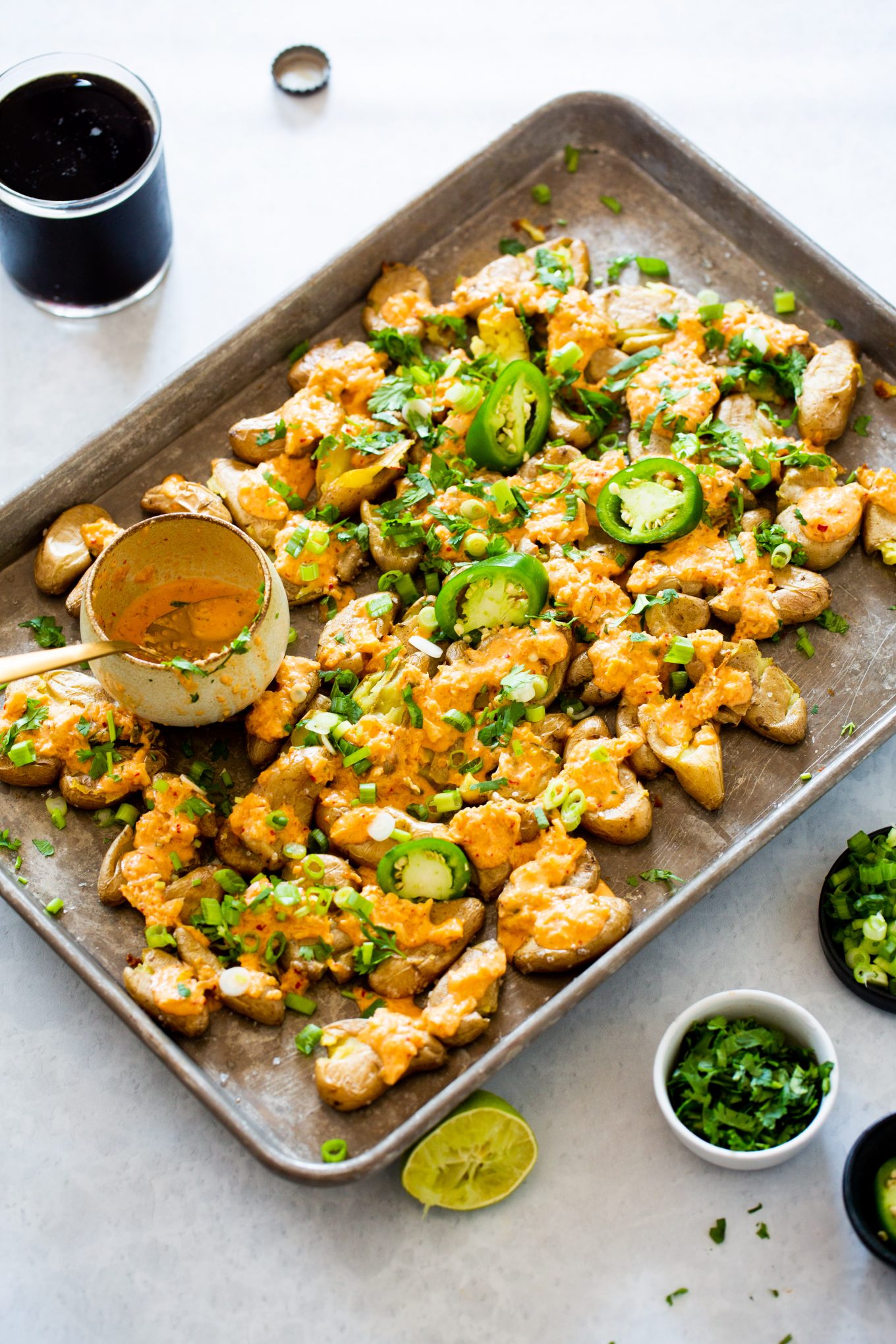 smashed potatoes with kimchi mayo