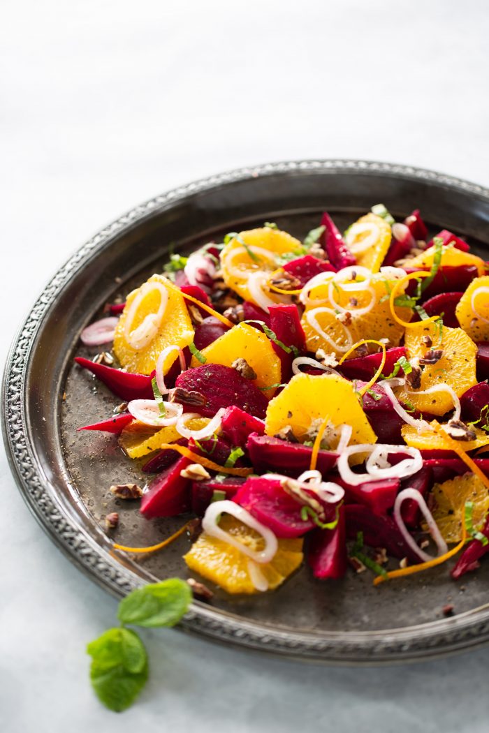 beet and orange salad in a beautiful peweter platter.
