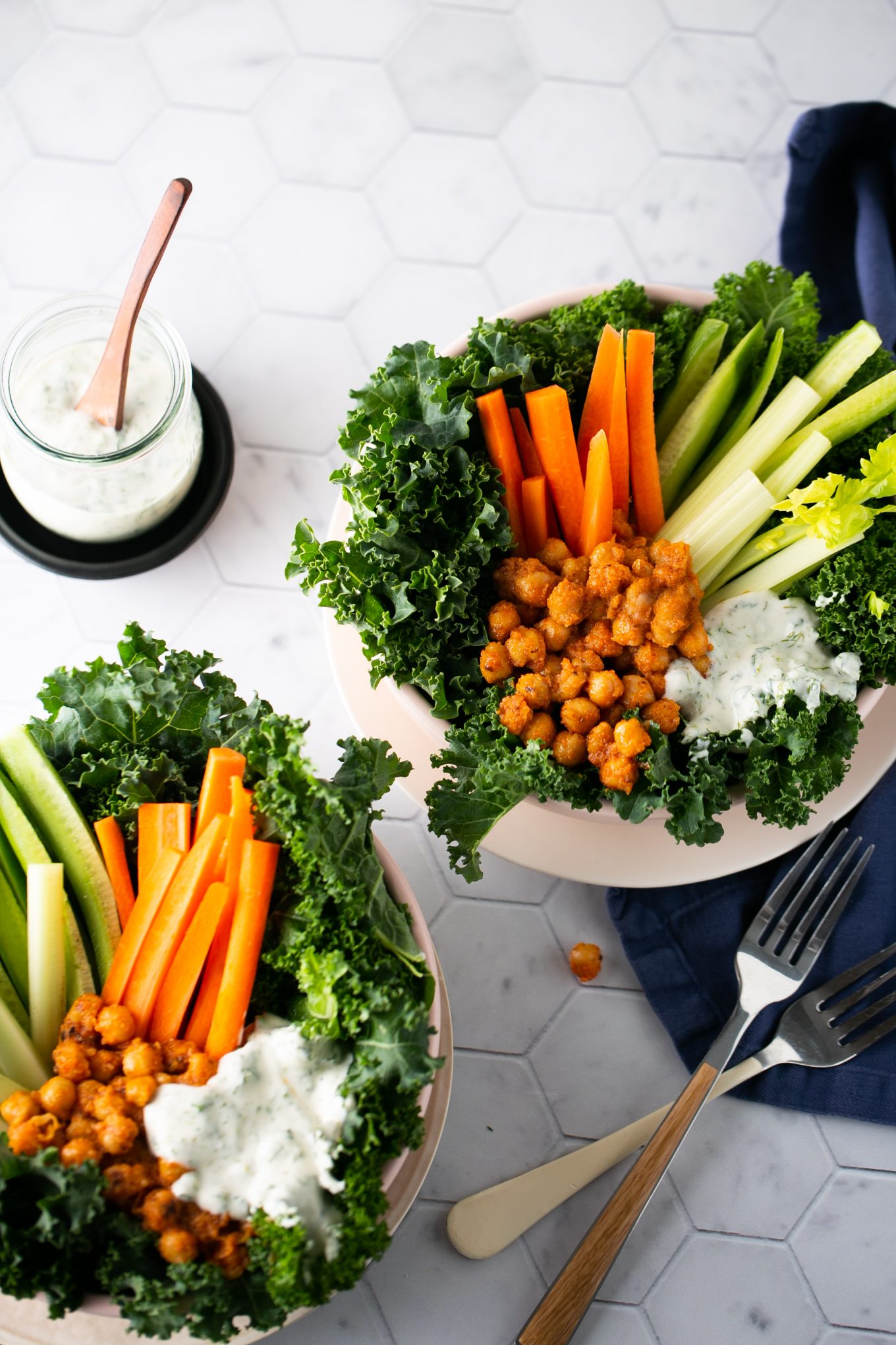 Two buffalo chickpea salad with vegan ranch dressing.