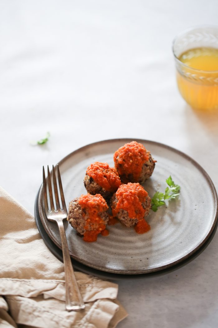 vegan mexican meatballs covered with chipotle sauce