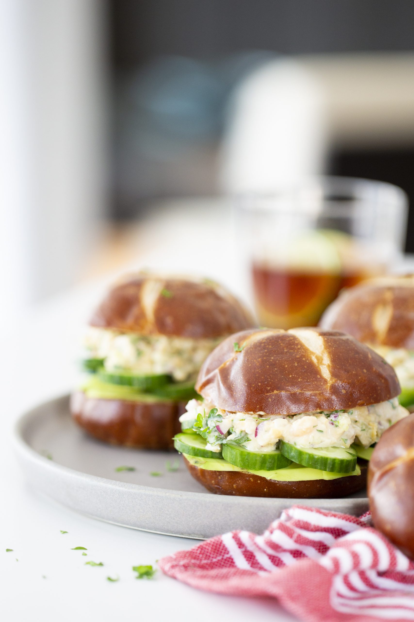 Vegan "tuna" sandwiches on pretzel bread