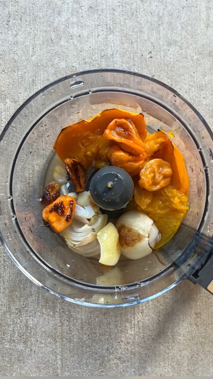 mangos, habaneros, onion and garlic roasted to perfection in the bowl of the fodd processor.
